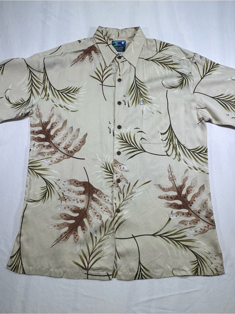 Men's Beige Tropical Print Short Sleeve Button-Down Shirt - Picture 1 of 9
